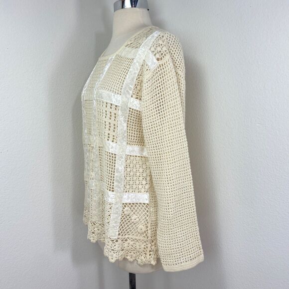Otto Ivory Crochet Velvet Patchwork Top Large Long Sleeves Romantic Boho Whimsy - Picture 7 of 12